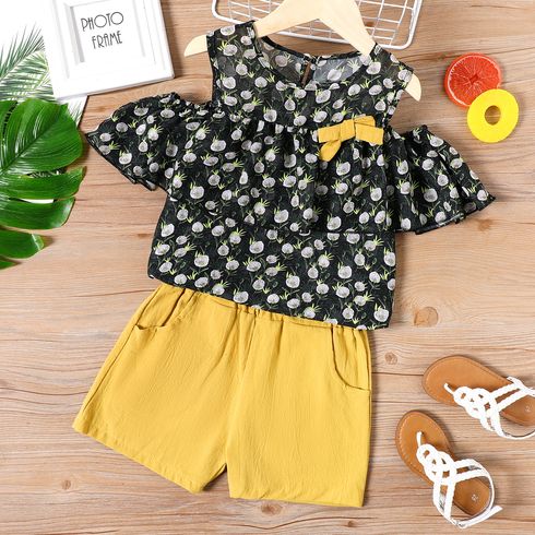 2-piece Kid Girl Floral Print Cold Shoulder Bowknot Design Chiffon Tee and Elasticized Shorts Set