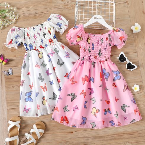 Kid Girl Butterfly Print Smocked Ruffled Short-sleeve Chiffon Dress
