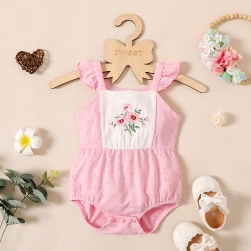 Baby Girl Floral Embroidered Pink Flutter-sleeve Romper