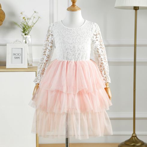 Kid Girl Lace Design Layered Mesh Long-sleeve Dress