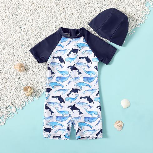 2pcs Toddler Boy Shark Print Onepiece Swimsuit and Cap Set