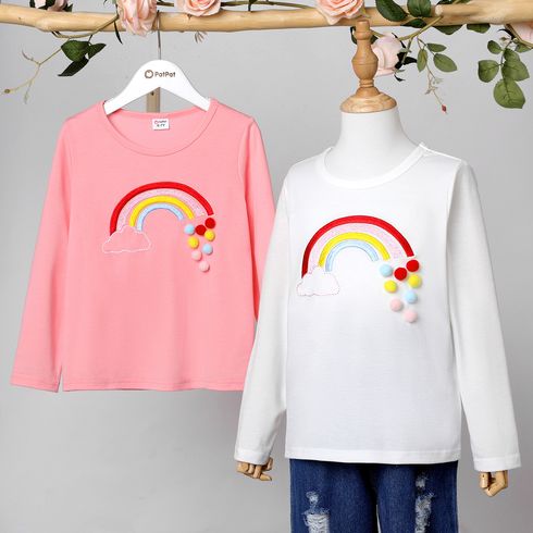 Kid Girl Rainbow Embroidered Pompom Design Long-sleeve Tee
