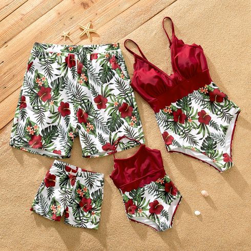 Family Matching All Over Plant Print Swim Trunks Shorts and Spaghetti Strap Splicing One-Piece Swimsuit