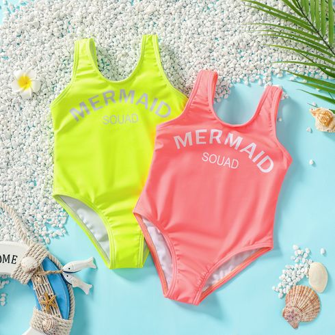 Baby Girl Letter Print Fluorescent Color Sleeveless One-Piece Swimsuit
