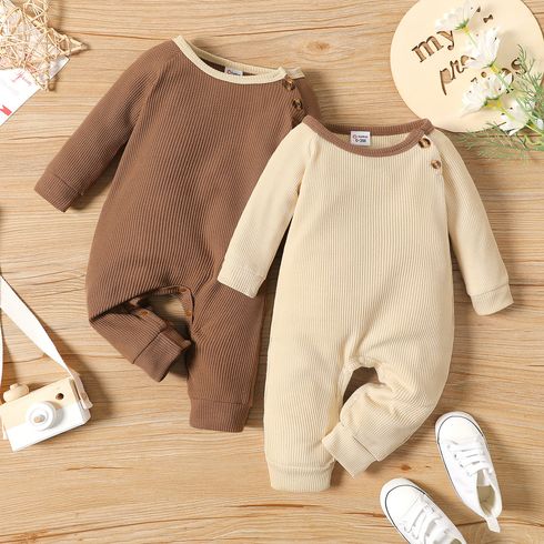 Baby Boy Solid Waffle Long-sleeve Button Jumpsuit