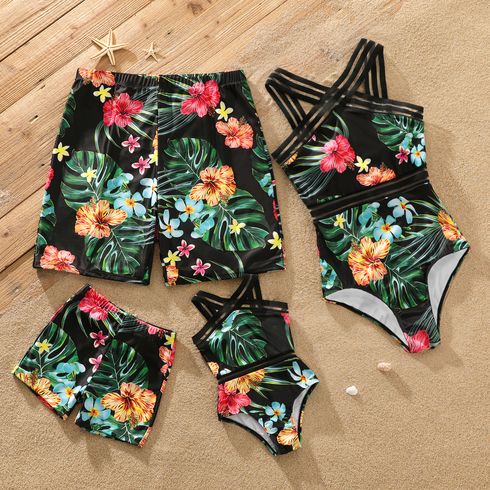 Family Matching All Over Tropical Plants Print Black Swim Trunks Shorts and Webbing One-Piece Swimsuit