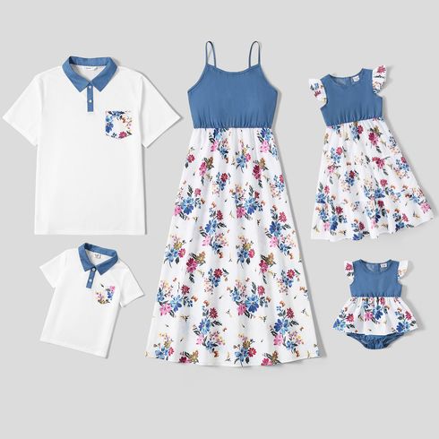 Family Matching Imitation Denim Spaghetti Strap Splicing Floral Print Dresses and Short-sleeve Polo Shirts Sets