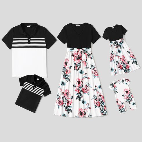 Cotton Solid and Plant Print Splice Stripe Short-sleeve Family Matching Sets