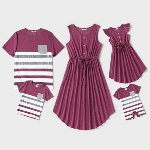 Family Matching Solid V Neck Sleeveless Button Up Drawstring Dresses and Striped Colorblock Short-sleeve T-shirts Sets