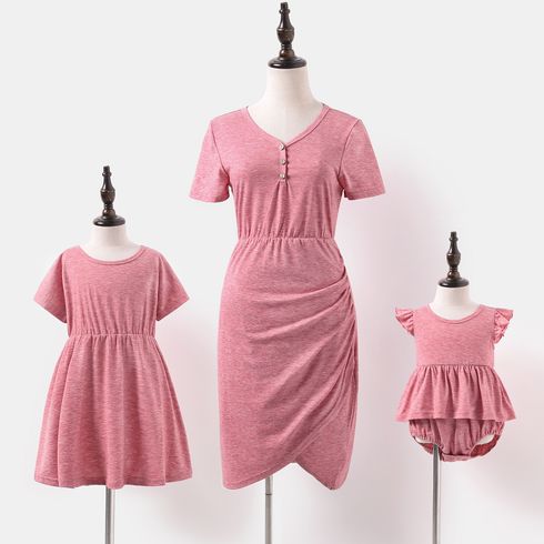 Hot Pink V Neck Short-sleeve Slim-fit Dress for Mom and Me