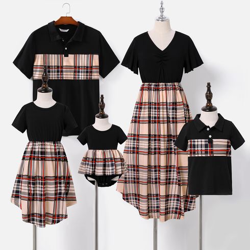 Family Matching Black V Neck Splicing Plaid Short-sleeve Dresses and Polo Shirts Sets
