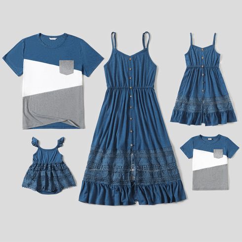 Family Matching Blue Spaghetti Strap Button Front Lace Ruffle Dresses and Colorblock Short-sleeve T-shirts Sets