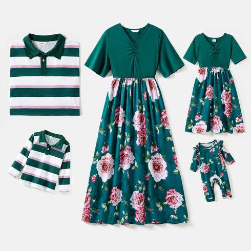 Family Matching Floral Print Splicing Short-sleeve Midi Dresses and Striped Long-sleeve Polo Shirts Set