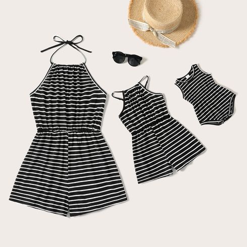 Black and White Striped Self-tie Halter Neck Sleeveless Romper for Mom and Me