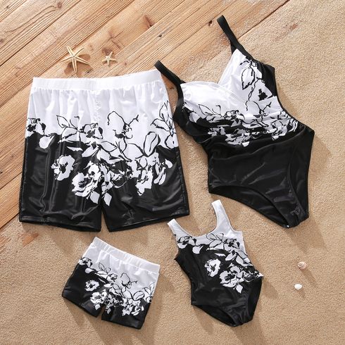 Family Matching Black and White Floral Print Swim Trunks Shorts and Spaghetti Strap One-Piece Swimsuit