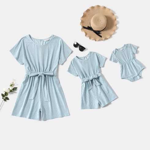 Blue Textured Drop Shoulder Short-sleeve Belted Romper for Mom and Me
