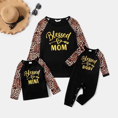 Letter Print Black Leopard Raglan Long-sleeve Tops for Mom and Me