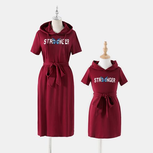 Letter and Butterfly Print Short-sleeve Matching Crimson Midi Dresses