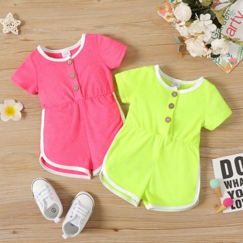 Baby Girl Fluorescent Colored Button Up Short-sleeve Jumpsuit