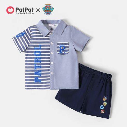 PAW Patrol 2pcs Toddler Boy Striped Pocket Design Lapel Collar Shirt and Elasticized 100% Cotton Shorts Set