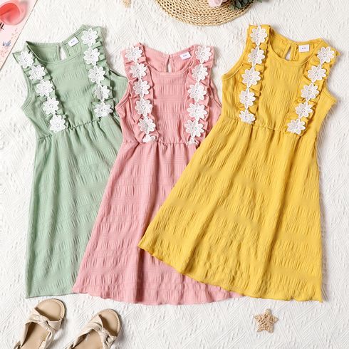 Kid Girl Floral Design Sleeveless Solid Color Dress