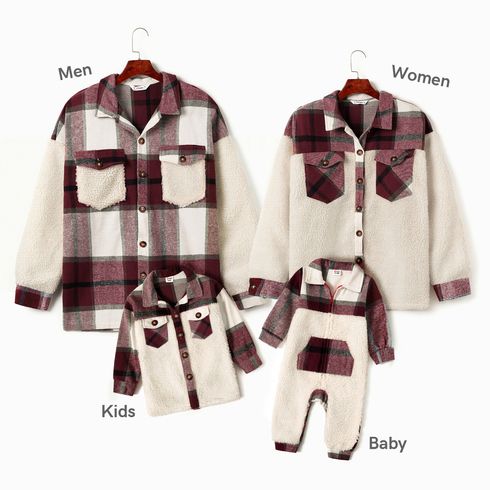 Family Matching Solid Fleece Splicing Plaid Lapel Long-sleeve Jackets