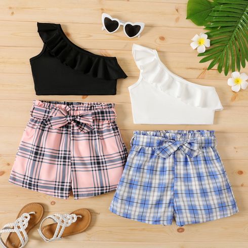 2-piece Kid Girl One Shoulder Flounce Sleeveless Tee and Belted Plaid Paperbag Shorts Set