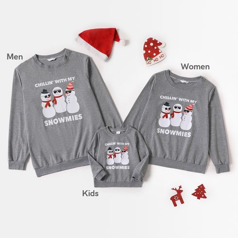Christmas Snowman and Letter Print Grey Family Matching Long-sleeve Sweatshirts