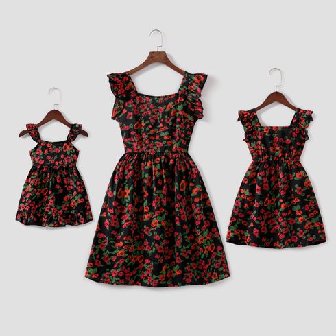 All Over Floral Print Black Square Neck Flutter-sleeve Dress for Mom and Me