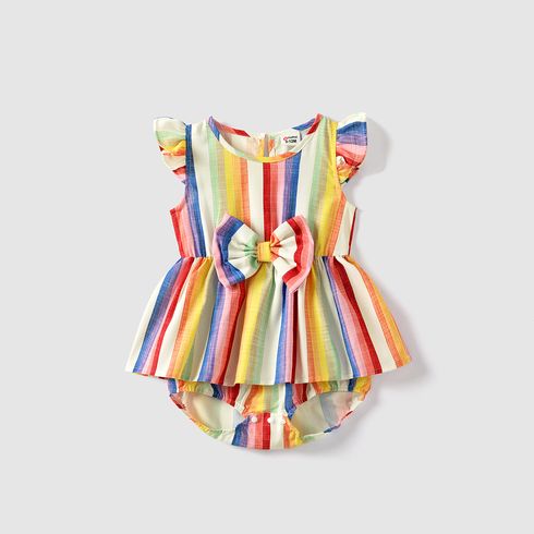 Family Matching Colorful Striped V Neck Flutter-sleeve Dresses and Short-sleeve T-shirts Sets COLOREDSTRIPES big image 9