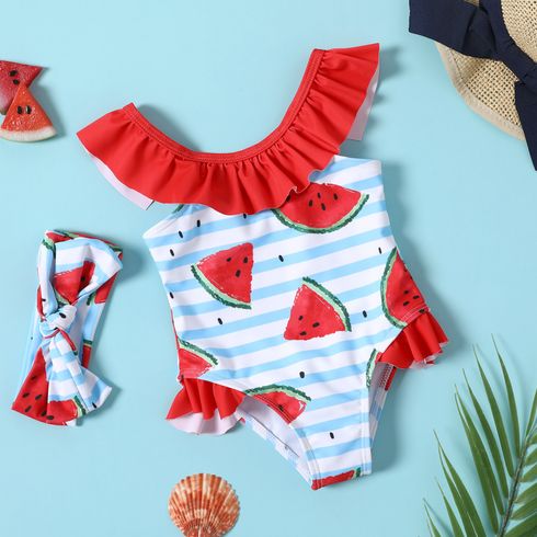 2pcs Baby Girl Ruffled Collar Watermelon Print Striped Sleeveless One-Piece Swimsuit with Headband Set