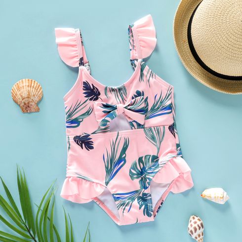 Baby Girl All Over Tropical Plant Print Pink Flutter-sleeve Spaghetti Strap Hollow Out One-Piece Swimsuit