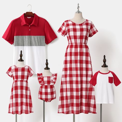 Red and White Plaid Short-sleeve Family Matching Sets(Midi Dresses and Colorblock T-shirts)