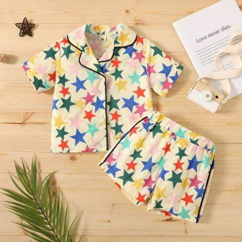 100% Cotton 2pcs Colorful Star Allover Lapel Collar Short-sleeve Shirt Top and Shorts Beige Toddler Set