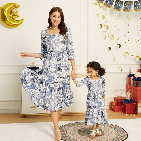 Ramadan Collection Allover Floral Print Square Neck 3/4 Sleeve Tiered Dress for Mom and Me