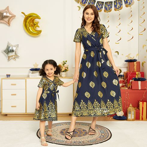 Ramadan Collection Bronzing Print Dark Blue Cross Wrap V Neck Belted Dress for Mom and Me