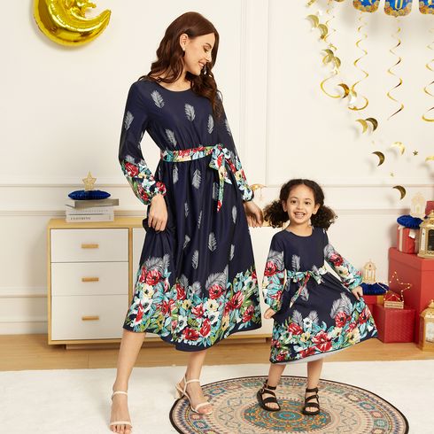 Ramadan Collection Allover Plant Floral Print Dark Blue Long-sleeve Belted Dress for Mom and Me