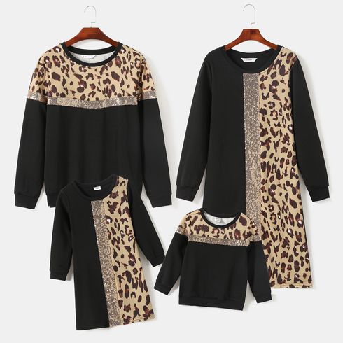 Leopard and Glitter Sequins Splicing Black Family Matching Long-sleeve Dresses and Sweatshirts Sets