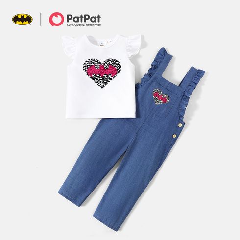 Batman 2pcs Toddler Girl Heart Print Flutter-sleeve White Tee and Ruffled Denim Overalls Set