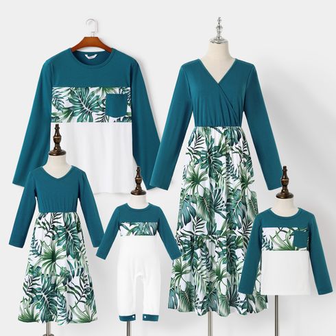 Family Matching Tropical Leaves Print Splicing Long-sleeve Dresses and T-shirts Sets