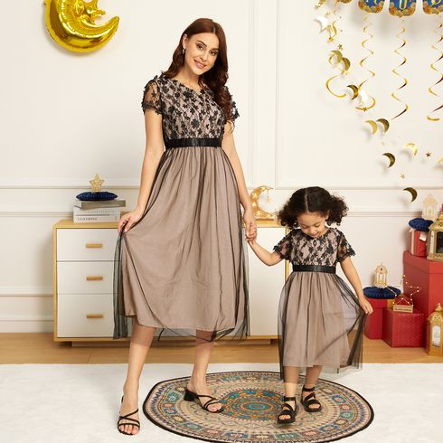 Ramadan Collection 3D Floral Appliques Black Mesh Short-sleeve Dress for Mom and Me