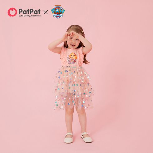 PAW Patrol Toddler Girl Cotton Ruffled Polka dots Layered Mesh Splice Sleeveless Dress Pink big image 5