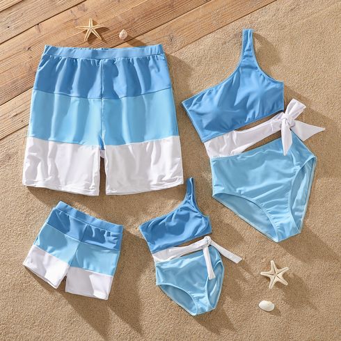 Family Matching Colorblock Swim Trunks Shorts and One Shoulder Hollow Out Self-tie One-Piece Swimsuit