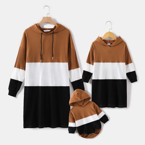 Ribbed Colorblock Long-sleeve Hooded Casual Sweatshirt Dress for Mom and Me