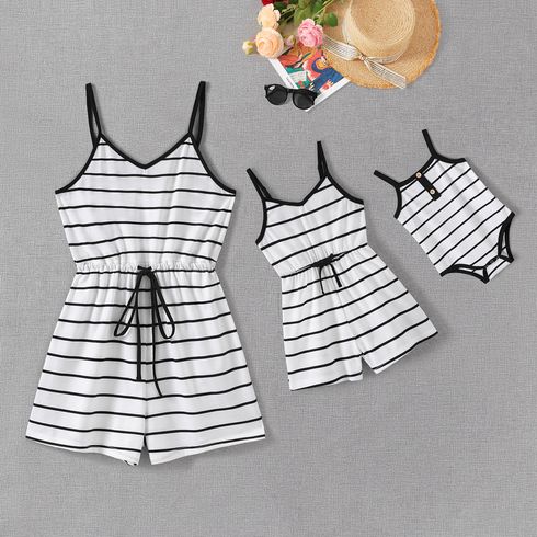 Black and White Striped V Neck Spaghetti Strap Drawstring Romper for Mom and Me