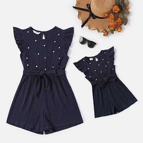 Pearl Beaded Solid Ribbed Flutter-sleeve Belted Cotton Romper for Mom and Me