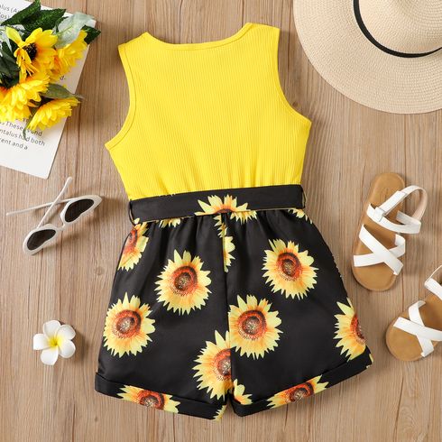 2pcs Kid Girl Ffloral Print Ribbed Splice Button Design Sleeveless Belted Rompers Yellow big image 5