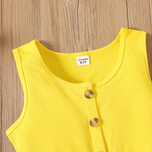 2pcs Kid Girl Ffloral Print Ribbed Splice Button Design Sleeveless Belted Rompers Yellow big image 2