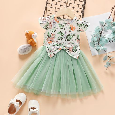 Animal and Leaf Allover Bow Decor Mesh Layered Flutter-sleeve Green Toddler Dress