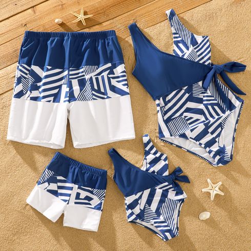 Family Matching Geometric Print Colorblock Swim Trunks Shorts and V Neck Sleeveless Self-tie One-Piece Swimsuit